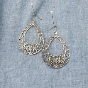 Boho hippie long dangling, tear drop silver tone earrings